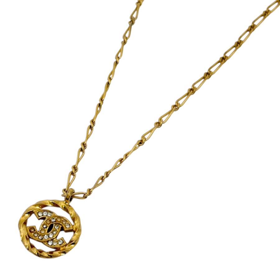 【美品】シャネル ココマーク ラインストーン ネックレス ラウンド ゴールド CHANEL（シャネル） ココマーク ラインストーン ネックレス ラウンド
