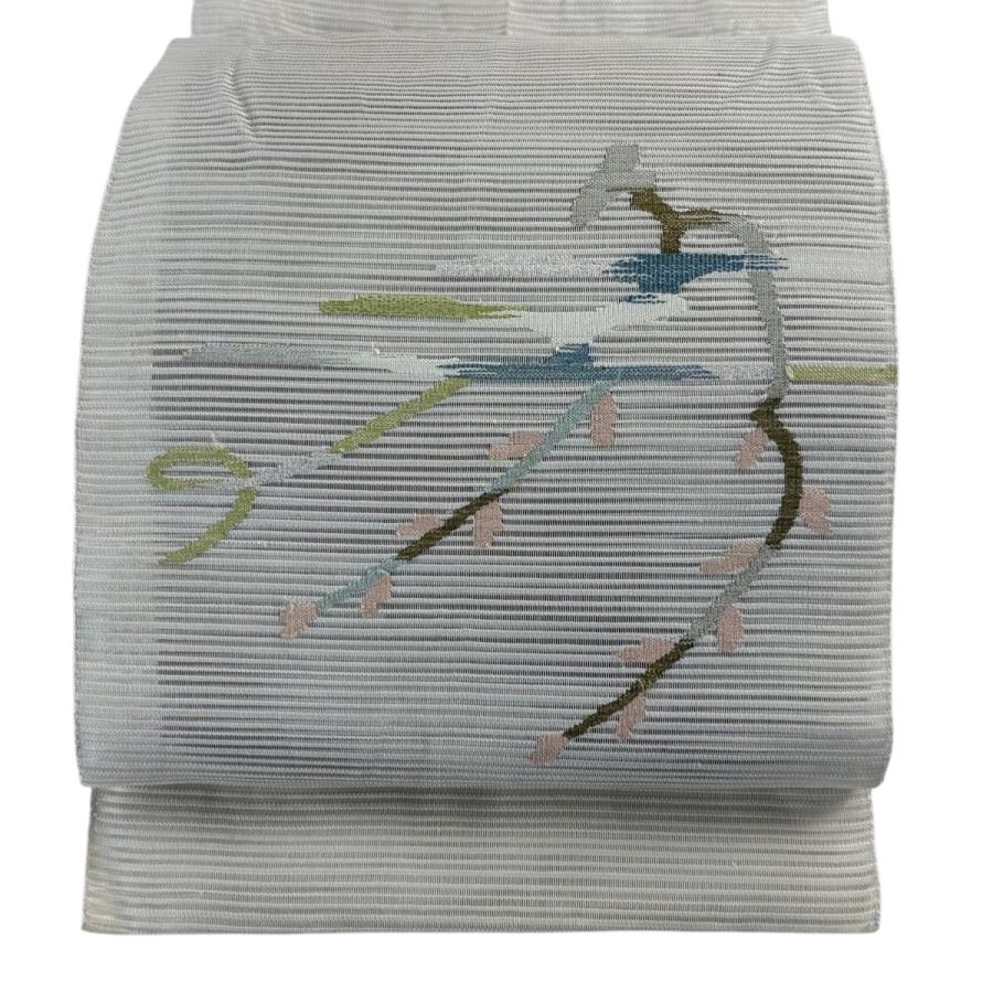 名古屋帯 優品 夏帯 絽 八寸名古屋帯 枝花 霞 金糸 ベージュ 正絹 中古