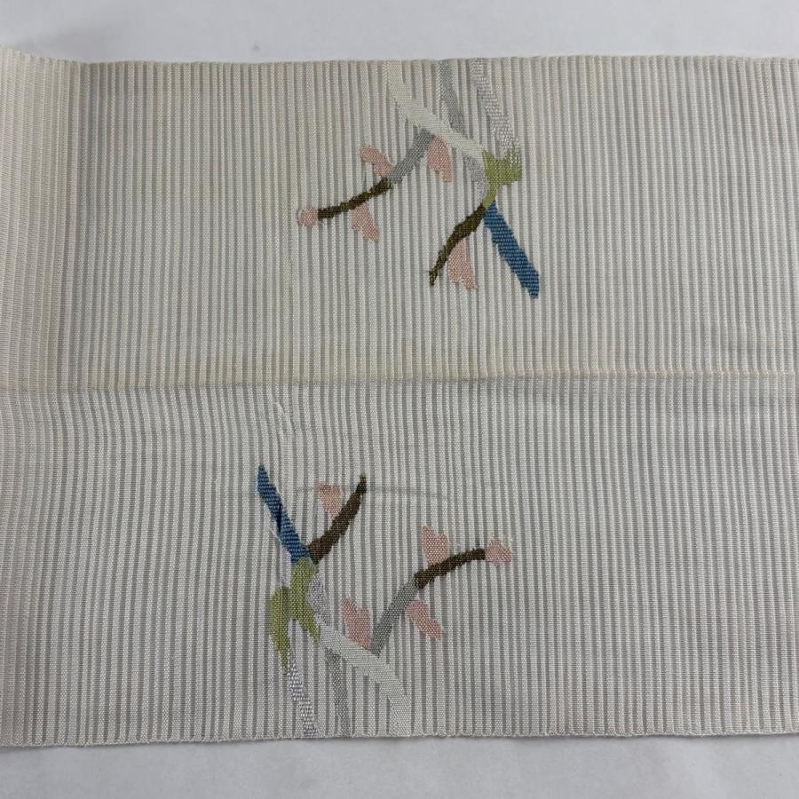 名古屋帯 優品 夏帯 絽 八寸名古屋帯 枝花 霞 金糸 ベージュ 正絹 中古