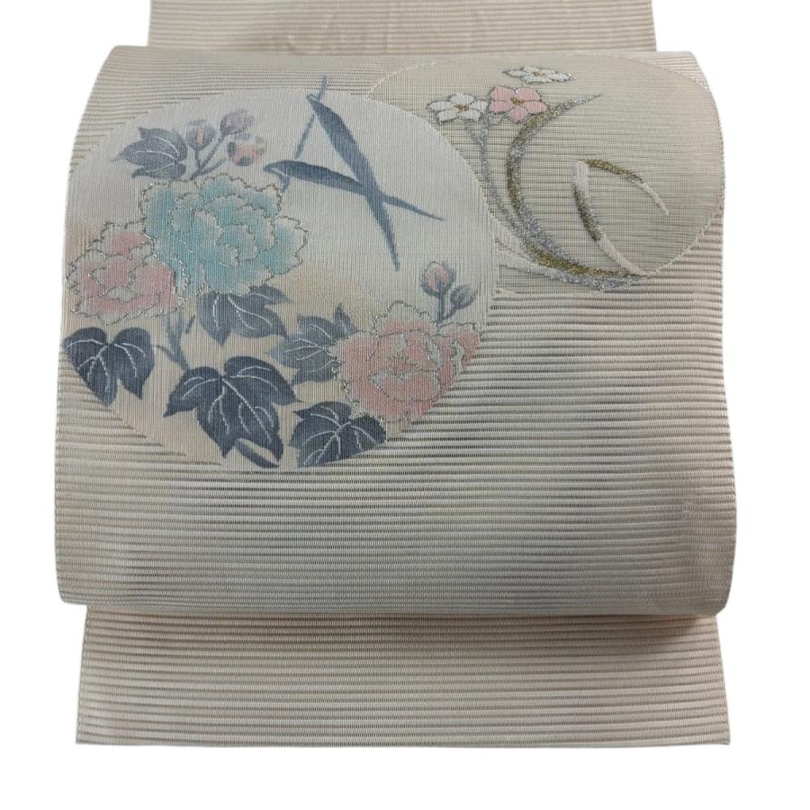 5-18 夏帯 名古屋帯 八寸 美品 正絹 着物 松葉仕立て 絽綴れ 名古屋帯 優品 夏帯 絽 八寸名古屋帯 松葉仕立て 草花 丸文 金銀糸 箔