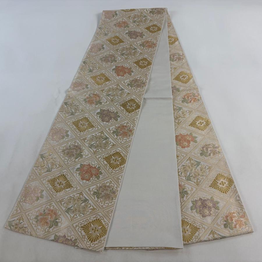 美品 袋帯 逸品 本袋 新小石丸 宮廷の花 菱 草花 金銀糸 箔 クリーム 
