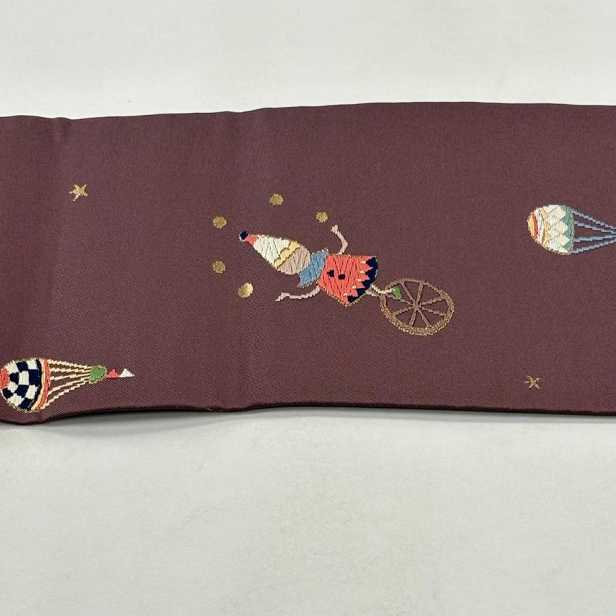 名古屋帯 逸品 人物 気球 刺繍 箔 紫 正絹 中古 【公式通販】