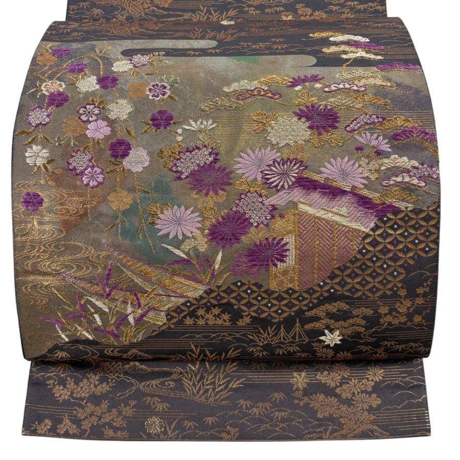 【締め跡あり】袋帯 刺繍　エジプト　光沢紫色　お太鼓柄 美品 袋帯 逸品 帝王紫 落款あり 菊 舟 金銀糸 刺繍 灰紫 お太鼓柄