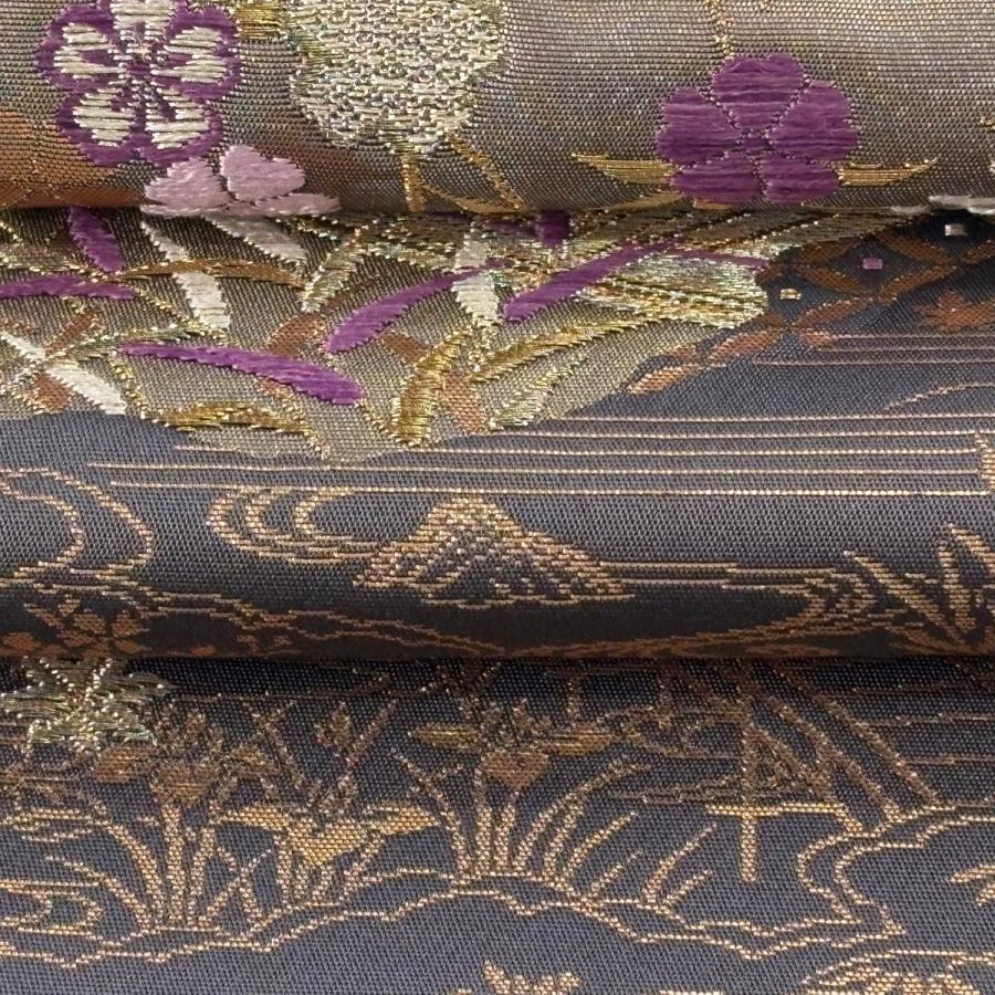 美品 袋帯 逸品 帝王紫 落款あり 菊 舟 金銀糸 刺繍 灰紫 お太鼓柄