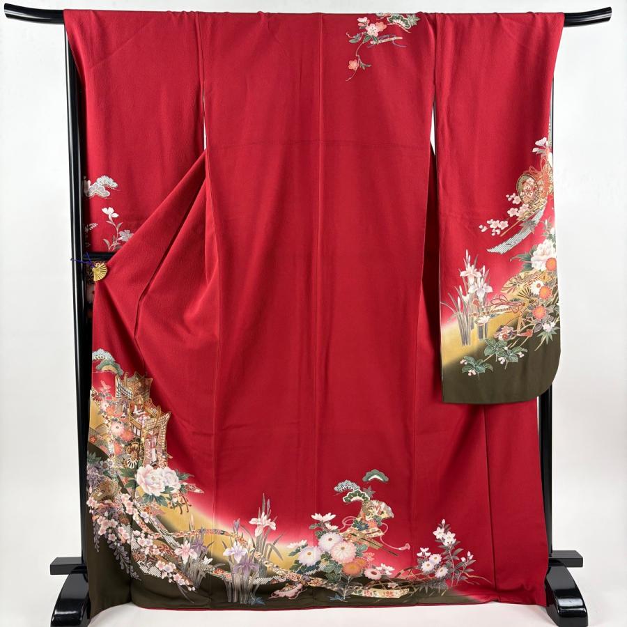 振袖 身丈175cm 裄丈69.5cm L 袷 御所車 牡丹 金糸 金彩 赤 正絹 秀品 