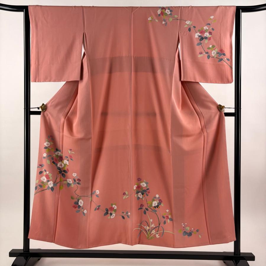 訪問着 身丈151.5cm 裄丈63.5cm S 袷 枝花 ピンク 正絹 名品 中古 