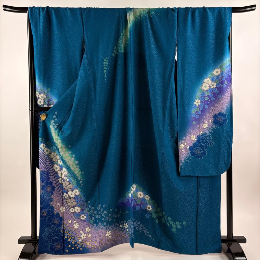 振袖 身丈163.5cm 裄丈65.5cm M 袷 桜 花びら 銀通し 金彩 青緑 正絹