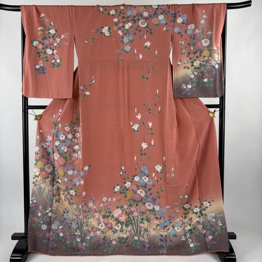 訪問着 逸品 身丈169cm 裄丈70.5cm 正絹 【中古】 美品 訪問着 身丈169cm 裄丈70cm L 袷 菊 椿 ピンク 正絹 名品 中古