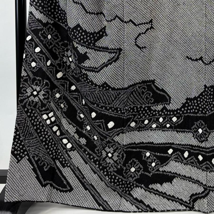 美品 訪問着 身丈166cm 裄丈67.5cm L 袷 熨斗 花 総絞り 黒 正絹 名品