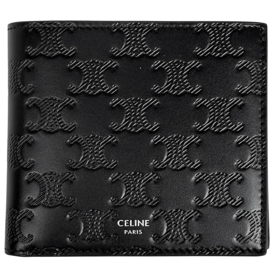 希少 鑑定✨セリーヌ ２つ折り財布 トリオンフ ロゴ金具 レザー ブラック 黒 CELINE（セリーヌ） トリオンフ 二つ折り財布 ロゴ 二つ折り財布