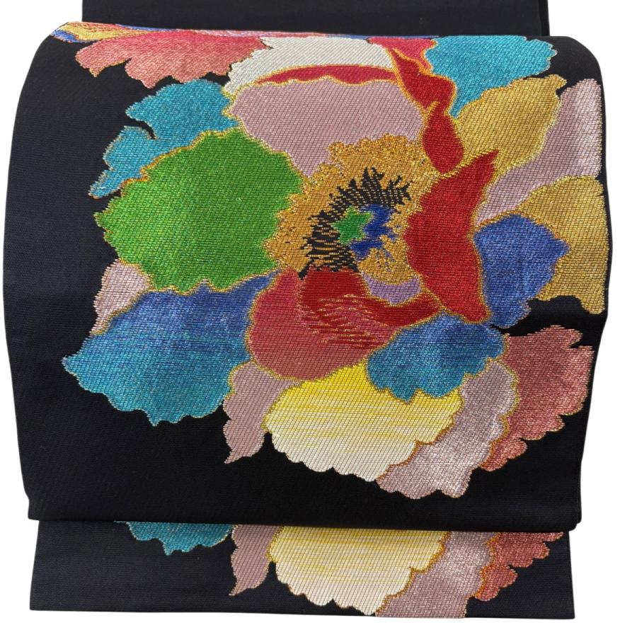 美品 袋帯 名品 落款あり 環美術織物 花 箔 黒 六通 正絹 中古 :
