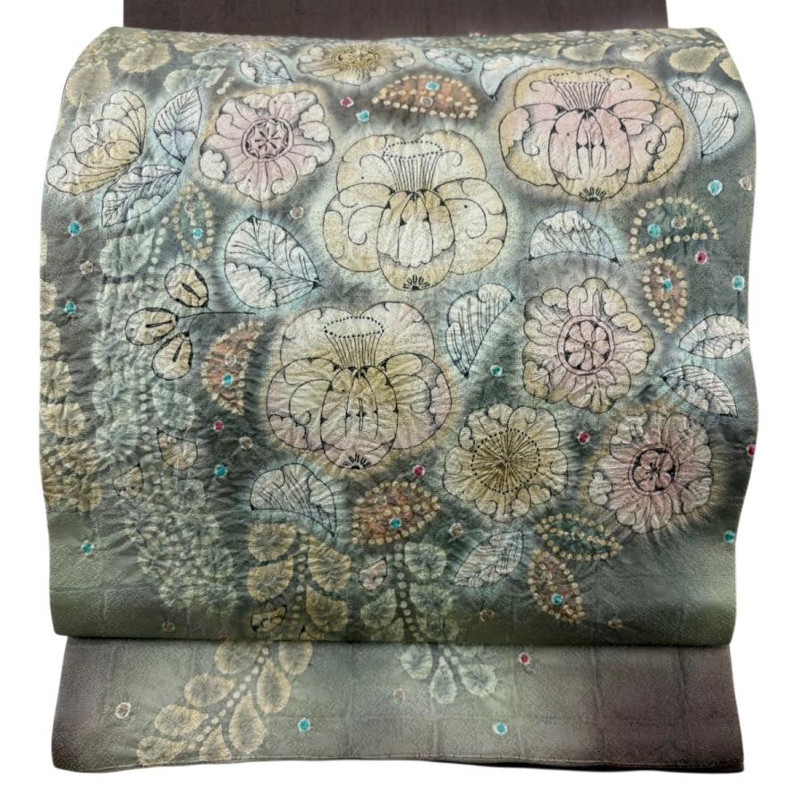 美品 袋帯 名品 落款あり 辻が花 金糸 絞り 灰紫 お太鼓柄 正絹 中古