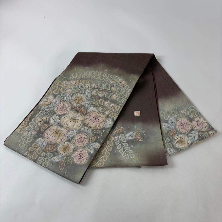美品 袋帯 名品 落款あり 辻が花 金糸 絞り 灰紫 お太鼓柄 正絹 中古