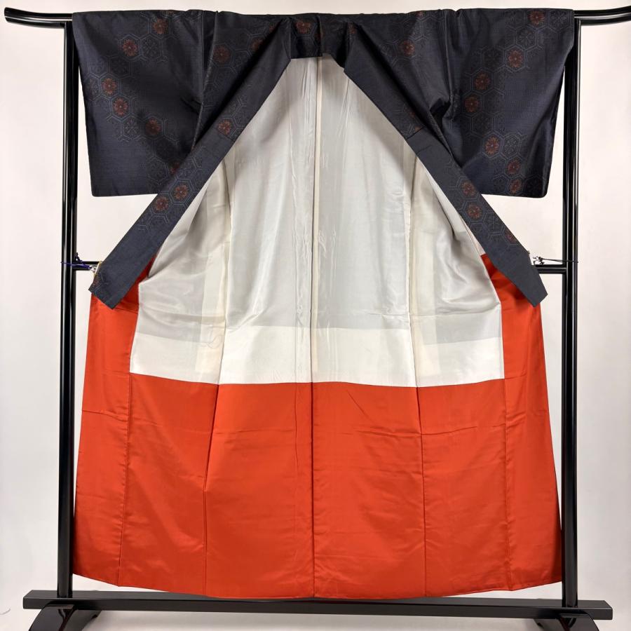 紬 身丈157cm 裄丈64.5cm M 袷 亀甲 花 紺色 正絹 優品 中古