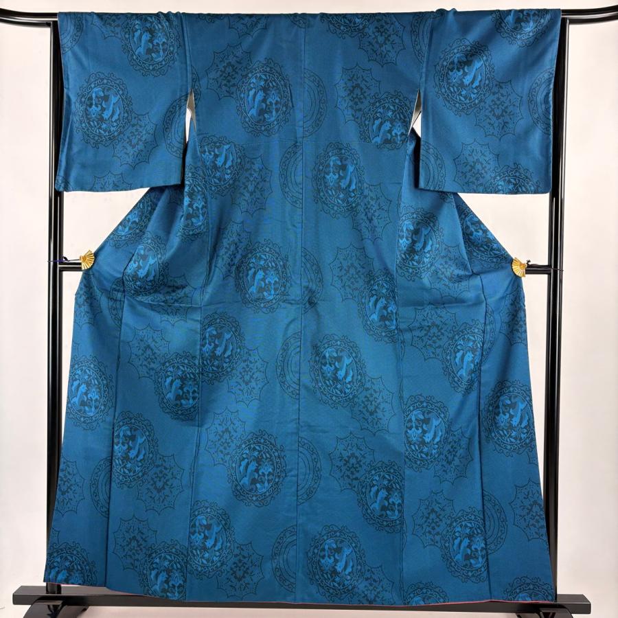 【美品】 紬 身丈159cm 裄丈65cm 正絹 名品 【中古】 紬 身丈159cm 裄丈65cm M 袷 動物 草花 藍色 正絹 優品 中古