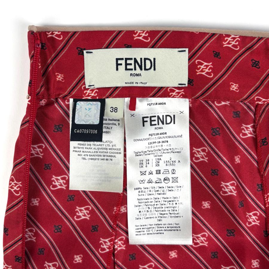 フェンディ FENDI ロゴ プリーツスカート ロング 総柄 ボトムス スカート シルク レッド レディース 中古