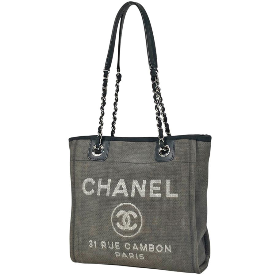 本物 シャネル CHANEL ドーヴィル ココマーク チェーン ショルダーバッグ トートバッグ キャンバス グレー Deauville バッグ 中古・ CHANEL（シャネル） ドーヴィル チェーン トートバッグ ショルダー
