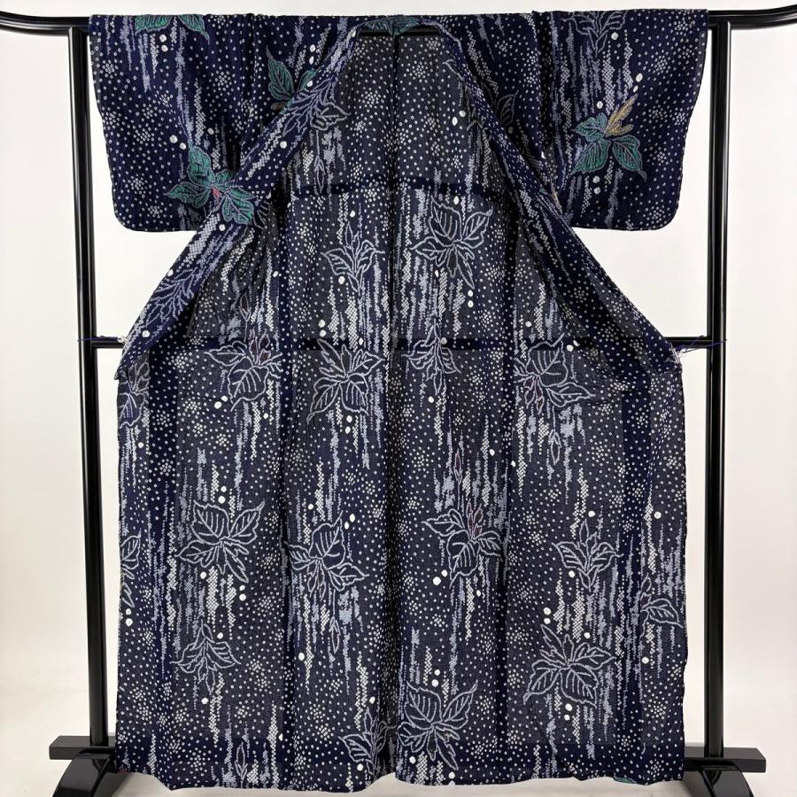 美品 浴衣 身丈160cm 裄丈61cm S 絞り浴衣 草花 濃紺 綿 名品 中古