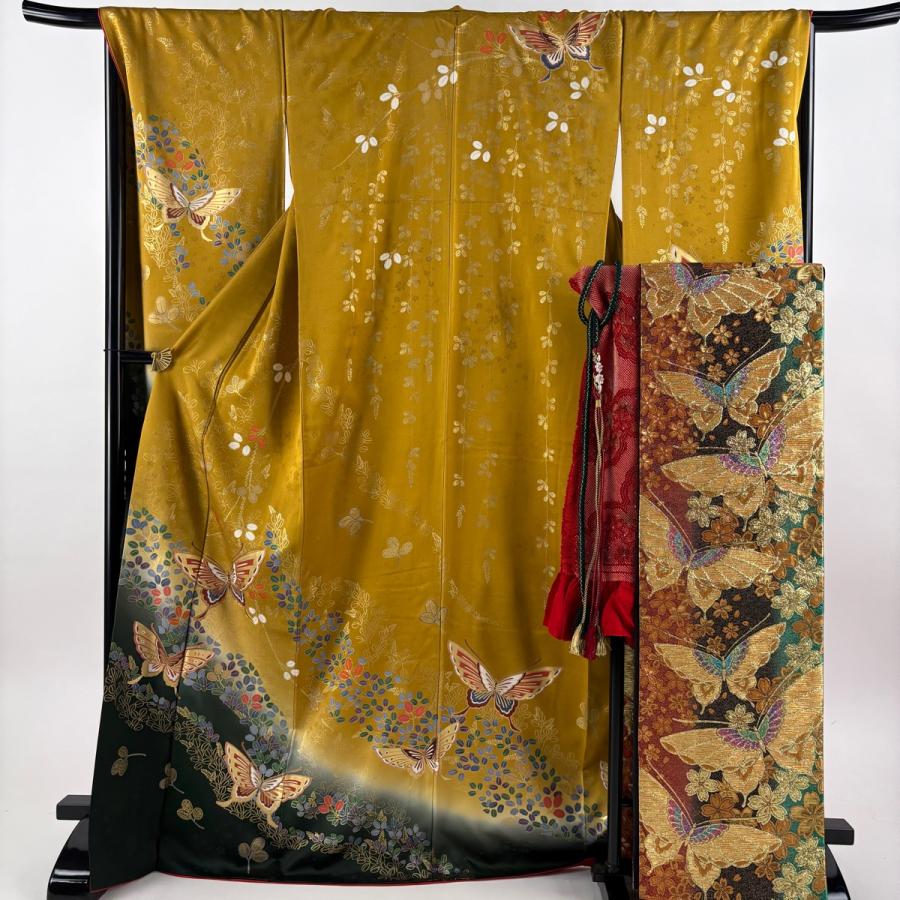 振袖 身丈169.5cm 裄丈67cm M 袷 袋帯フルセット 蝶 萩 金糸 金彩 山吹 