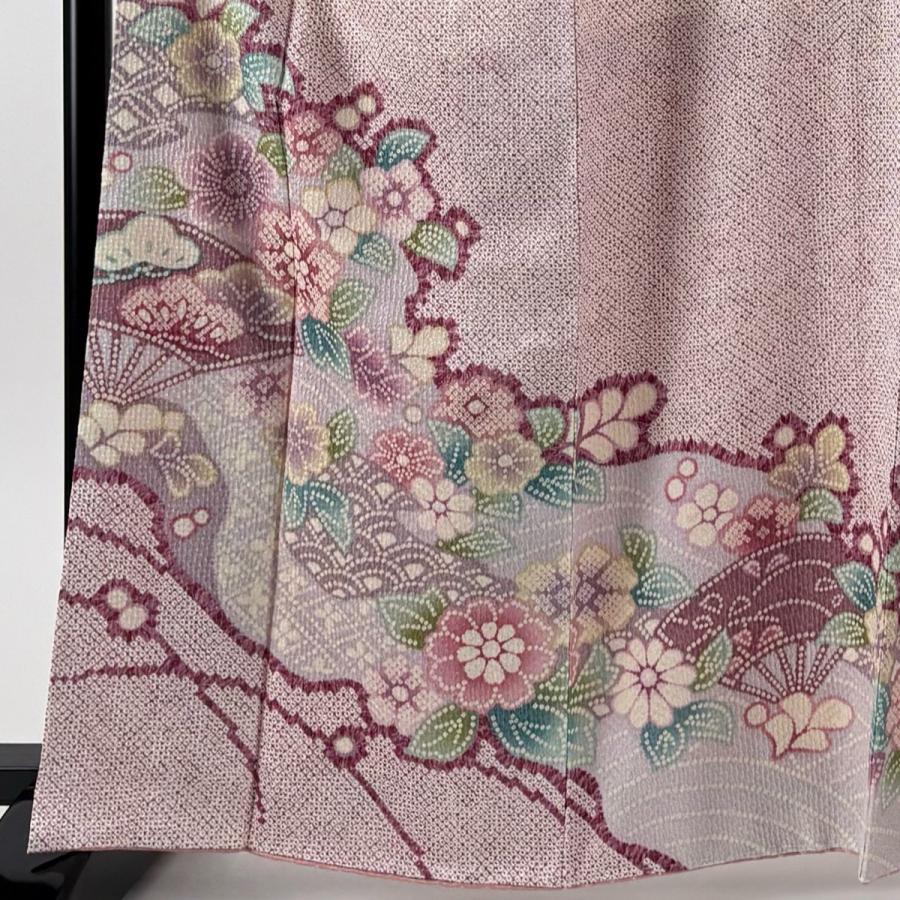 美品 訪問着 身丈164cm 裄丈64.5cm M 袷 袋帯セット 草花 扇 絞り