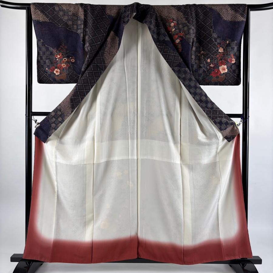 美品 訪問着 身丈160cm 裄丈64cm M 袷 花籠 斜め格子 濃紫 正絹 秀品