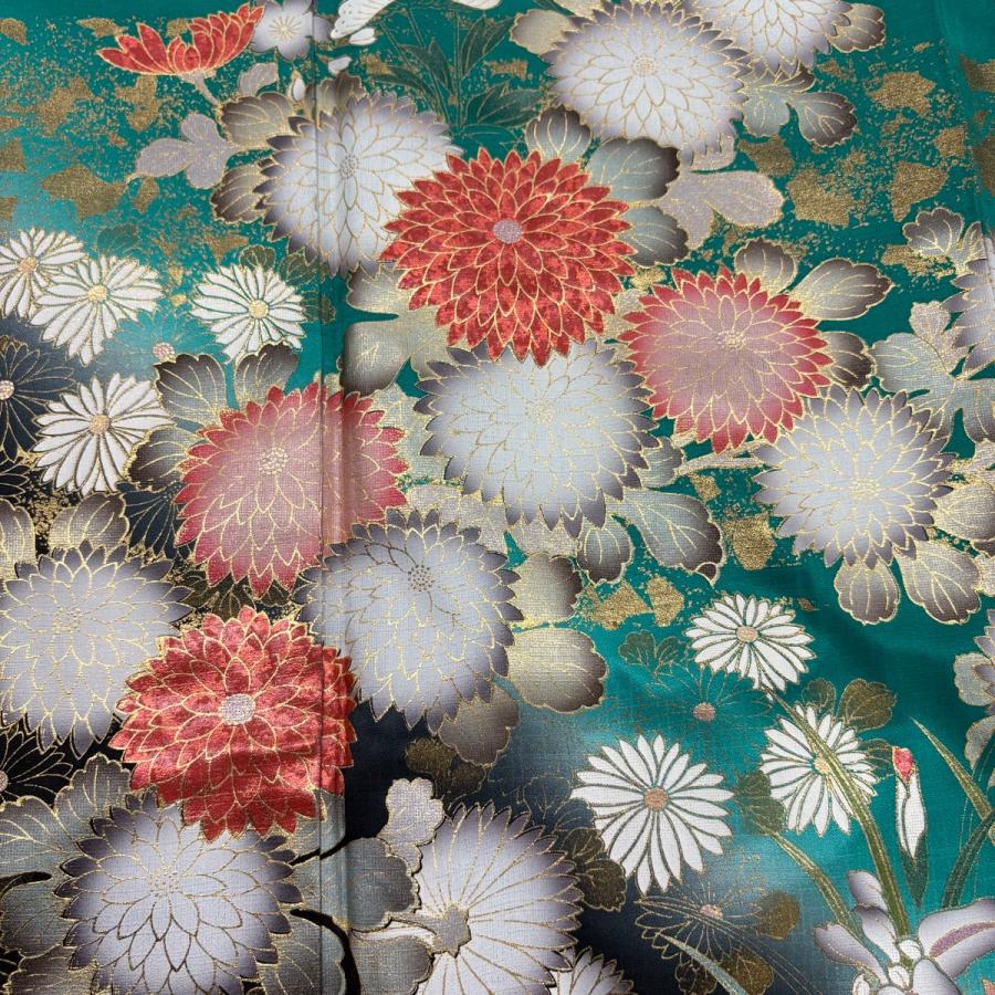 振袖 身丈161.5cm 裄丈65.5cm M 袷 菊 葉と実 金彩 染め分け 緑 正絹