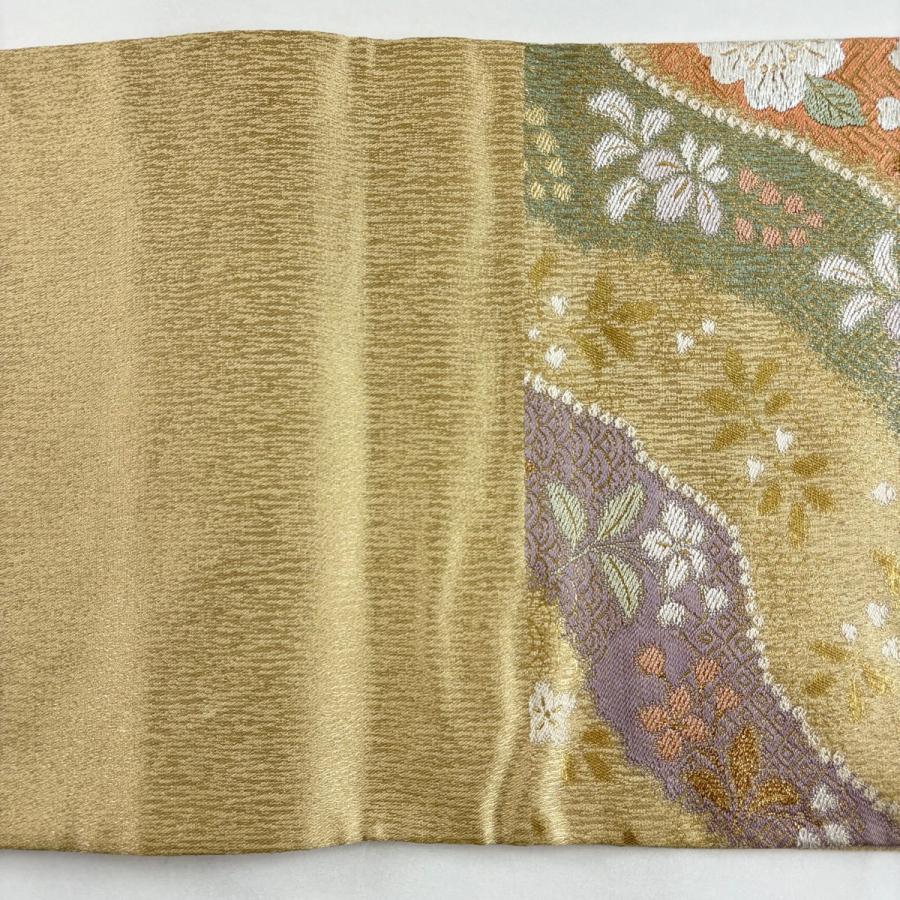 美品 袋帯 秀品 鈴乃屋 金塵織 桜 有職文様 金銀糸 箔 金色 六通 正絹 