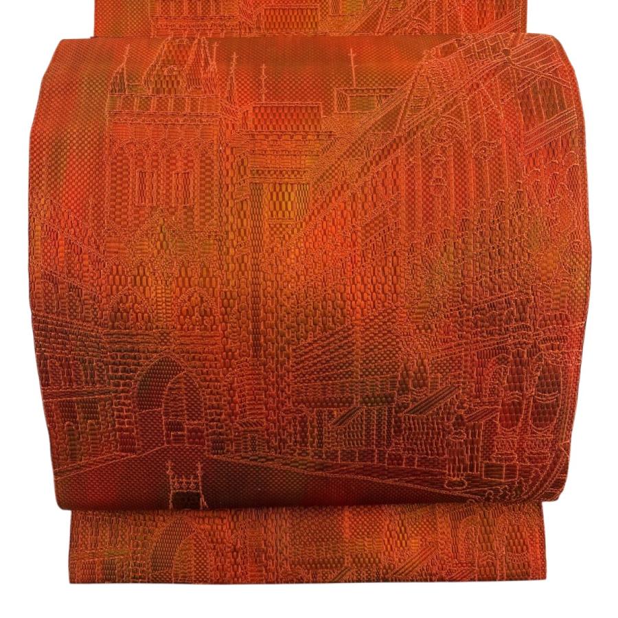 美品 名古屋帯 秀品 松葉仕立て 八寸名古屋帯 建物 ぼかし柄 刺繍 朱色 