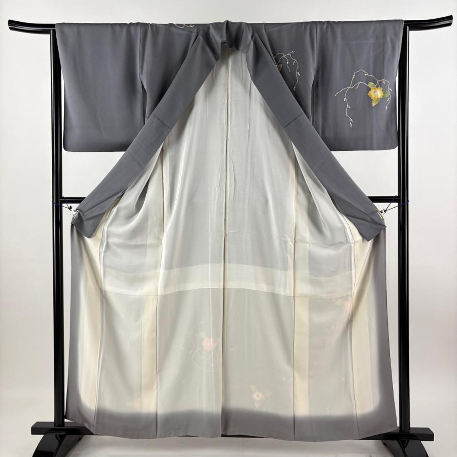 美品 付下げ 身丈160cm 裄丈64.5cm M 袷 花籠 椿 金彩 灰色 正絹 秀品