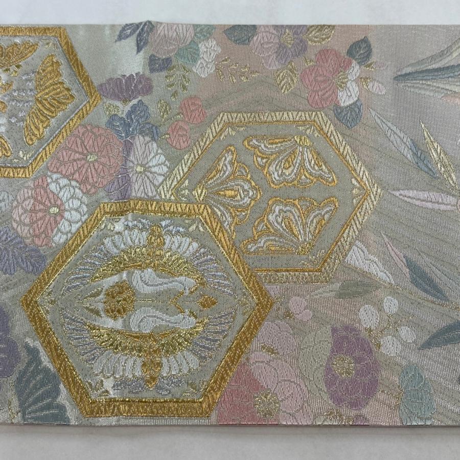 美品 袋帯 名品 向かい鶴 草花 金銀糸 唐織 銀色 六通 正絹 中古 