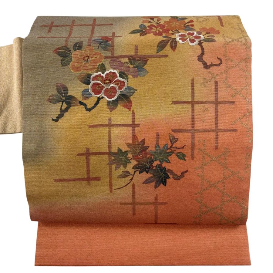 名古屋帯 秀品 椿 桜楓 刺繍 金通し オレンジ 正絹 中古 在庫一掃