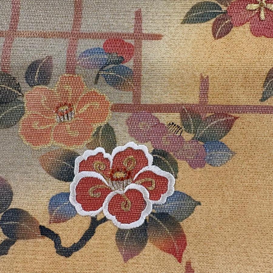 名古屋帯 秀品 椿 桜楓 刺繍 金通し オレンジ 正絹 中古 在庫一掃