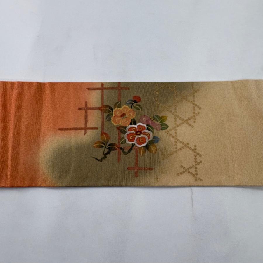 名古屋帯 秀品 椿 桜楓 刺繍 金通し オレンジ 正絹 中古 在庫一掃