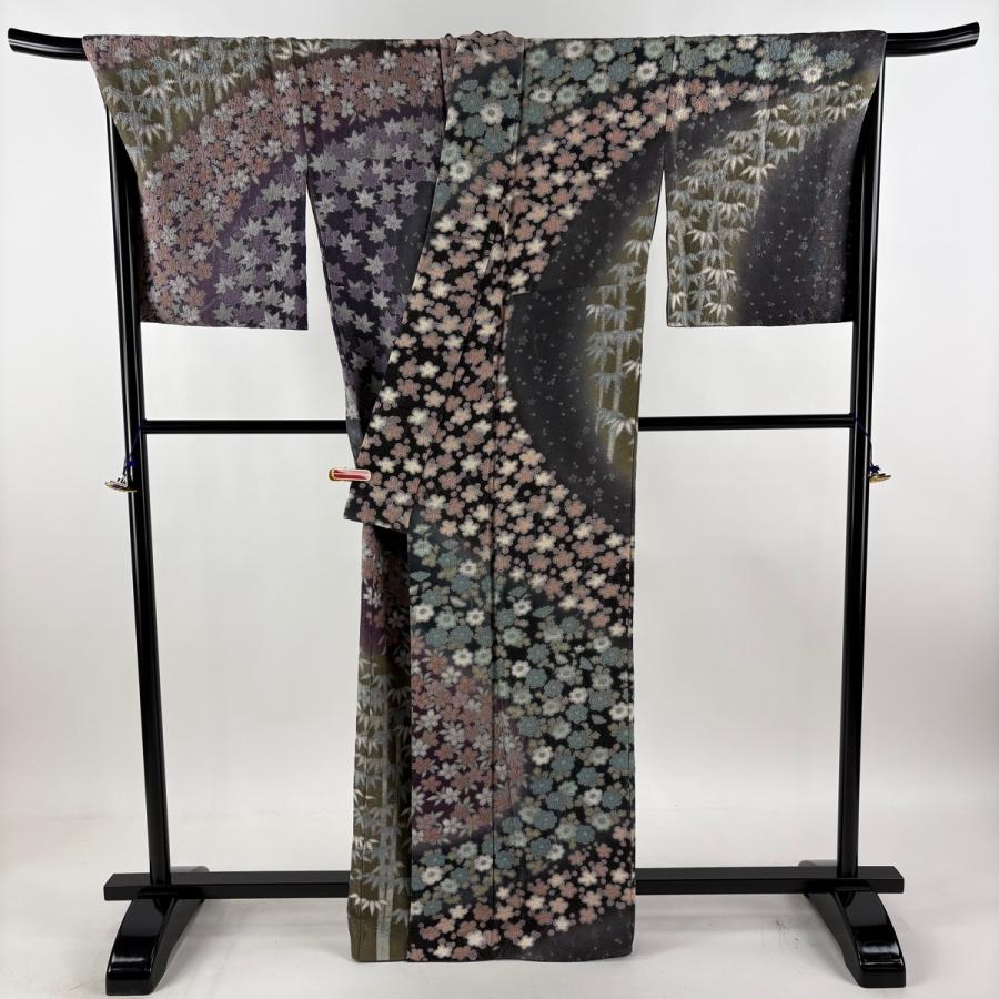 美品 訪問着 身丈165cm 裄丈70.5cm L 袷 桜 梅 金通し 絞り 灰茶 正絹 逸品 中古