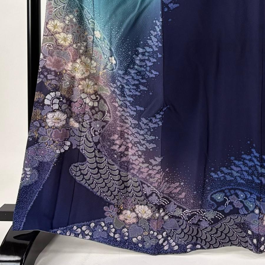訪問着 身丈164.5cm 裄丈67cm M 袷 吉乃一廉 落款あり 辻が花 金彩 ぼかし 青緑 正絹 逸品 中古