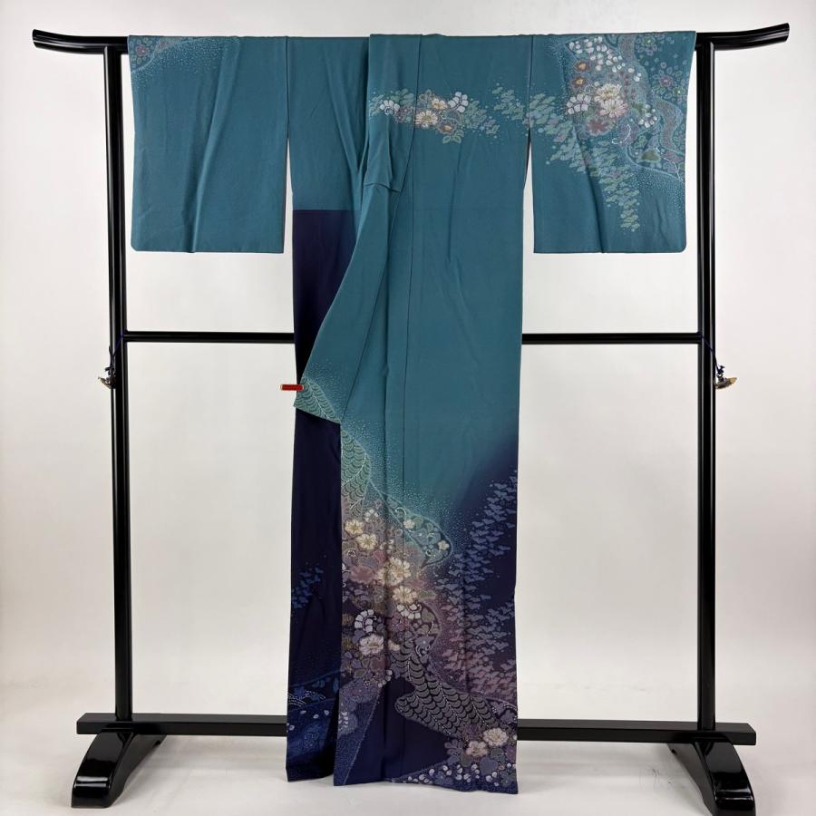訪問着 身丈164.5cm 裄丈67cm M 袷 吉乃一廉 落款あり 辻が花 金彩 ぼかし 青緑 正絹 逸品 中古