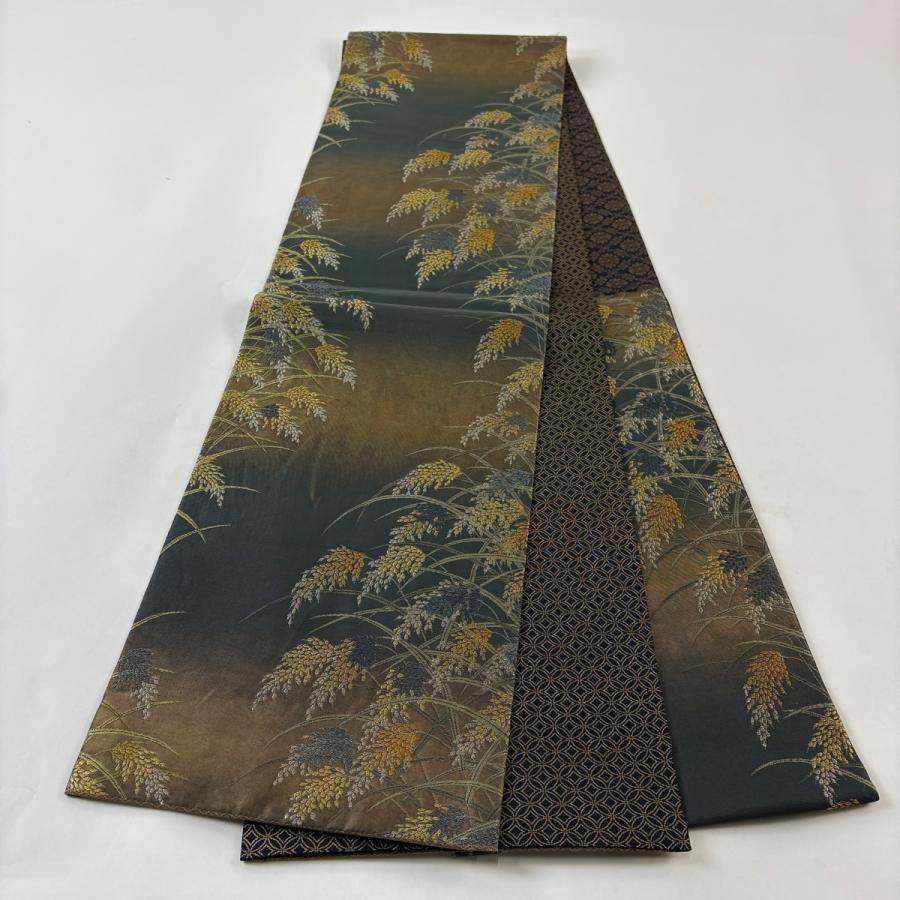 袋帯 逸品 紋屋井関 落款あり 御寮織 稲穂 金銀糸 箔 金茶 六通 正絹 中古_6