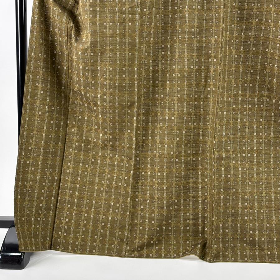 美品 紬 身丈170cm 裄丈71cm L 袷 やまと 縦縞 幾何学模様 花織 茶緑色 正絹 逸品 中古