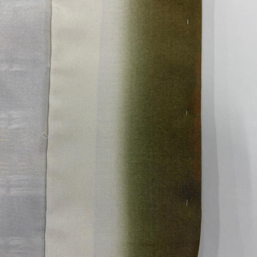 美品 紬 身丈170cm 裄丈71cm L 袷 やまと 縦縞 幾何学模様 花織 茶緑色 正絹 逸品 中古