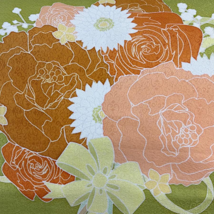 美品 袋帯 秀品 花束 薔薇 抹茶色 お太鼓柄 正絹 中古 : リユース 