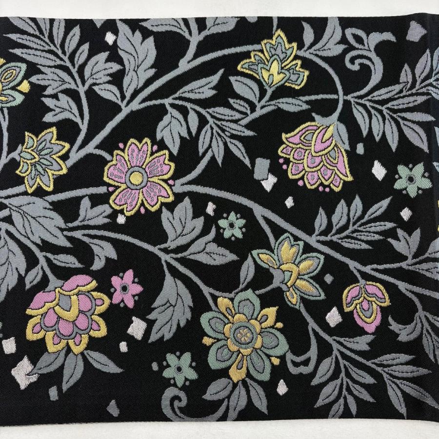美品 袋帯 逸品 花唐草 花 金銀糸 黒 六通 正絹 中古 : リユース