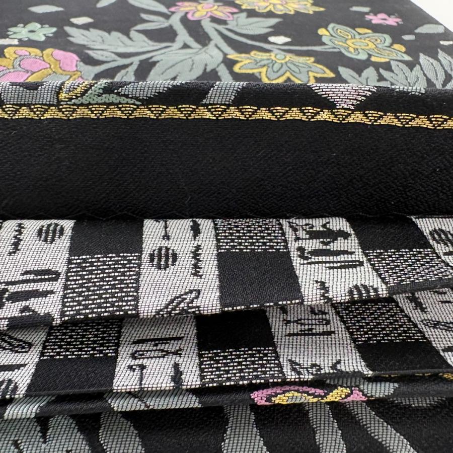 美品 袋帯 逸品 花唐草 花 金銀糸 黒 六通 正絹 中古 : リユース