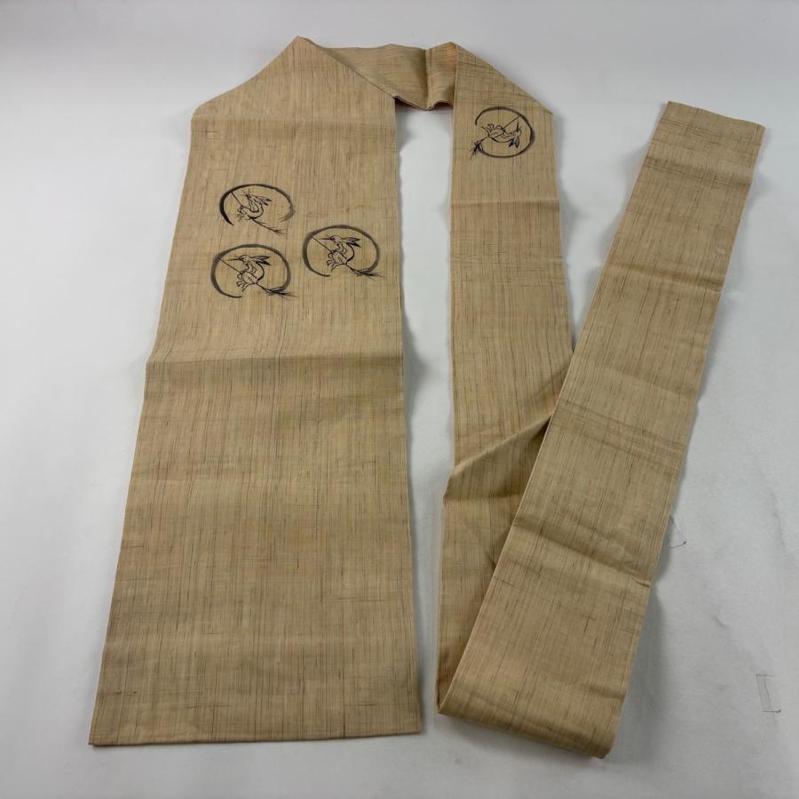 名古屋帯 逸品 夏帯 紬地 鳥獣戯画 丸文 薄茶色 麻 中古 : リユース 