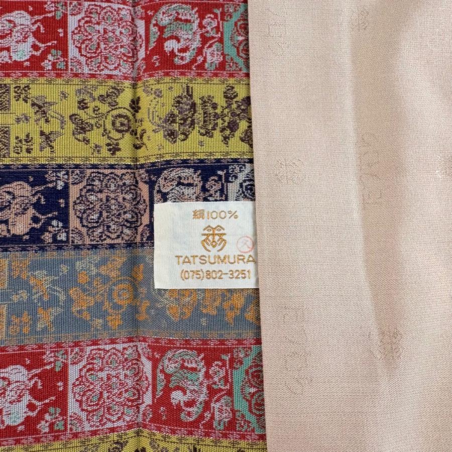 美品 開き名古屋帯 逸品 龍村美術織物 比翼仕立て 紅牙瑞錦 銀糸 薄黄土色 正絹 中古_6