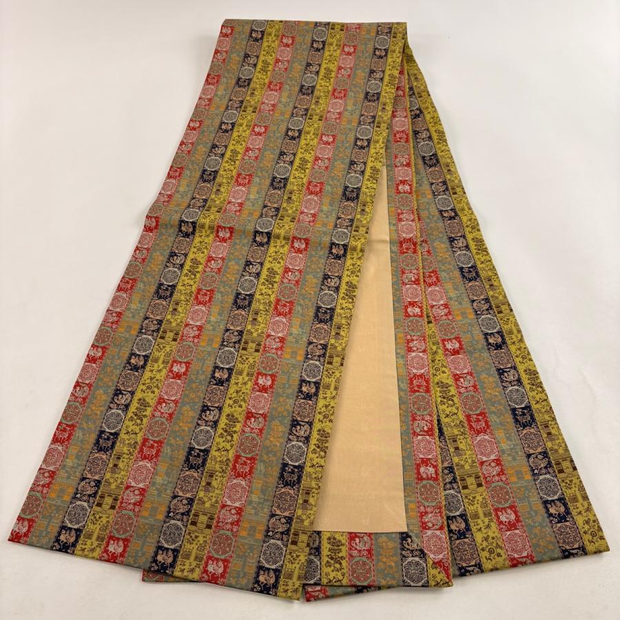 美品 開き名古屋帯 逸品 龍村美術織物 比翼仕立て 紅牙瑞錦 銀糸 薄黄土色 正絹 中古_7