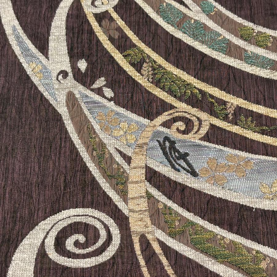 美品 袋帯 逸品 となみ織物 落款あり 桜 若松 箔 金銀糸 茶紫 六通 