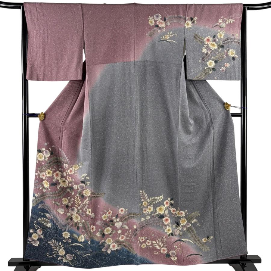 訪問着 身丈159cm 裄丈64.5cm 正絹 名品 【中古】 美品 訪問着 身丈159cm 裄丈64cm M 袷 草花 流水 金銀彩 染め分け 紫