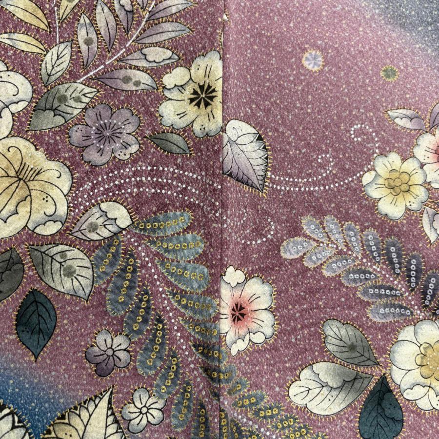美品 訪問着 身丈159cm 裄丈64cm M 袷 草花 流水 金銀彩 染め分け 紫
