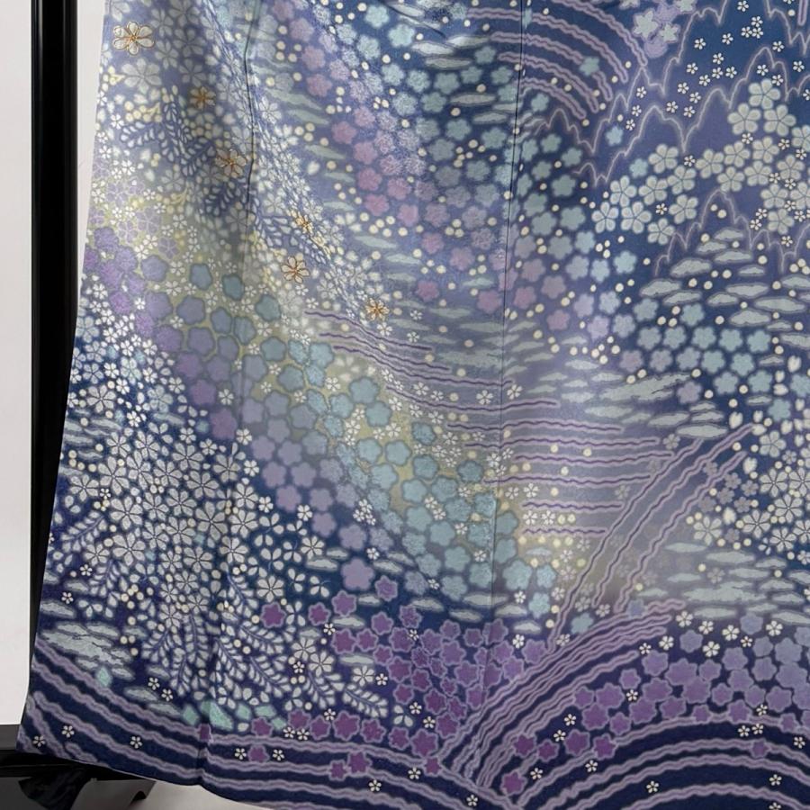 美品 訪問着 身丈164cm 裄丈67.5cm L 袷 桜 流水 銀通し 金糸 青紫 正絹 逸品 中古