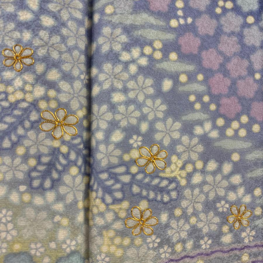 美品 訪問着 身丈164cm 裄丈67.5cm L 袷 桜 流水 銀通し 金糸 青紫 正絹 逸品 中古